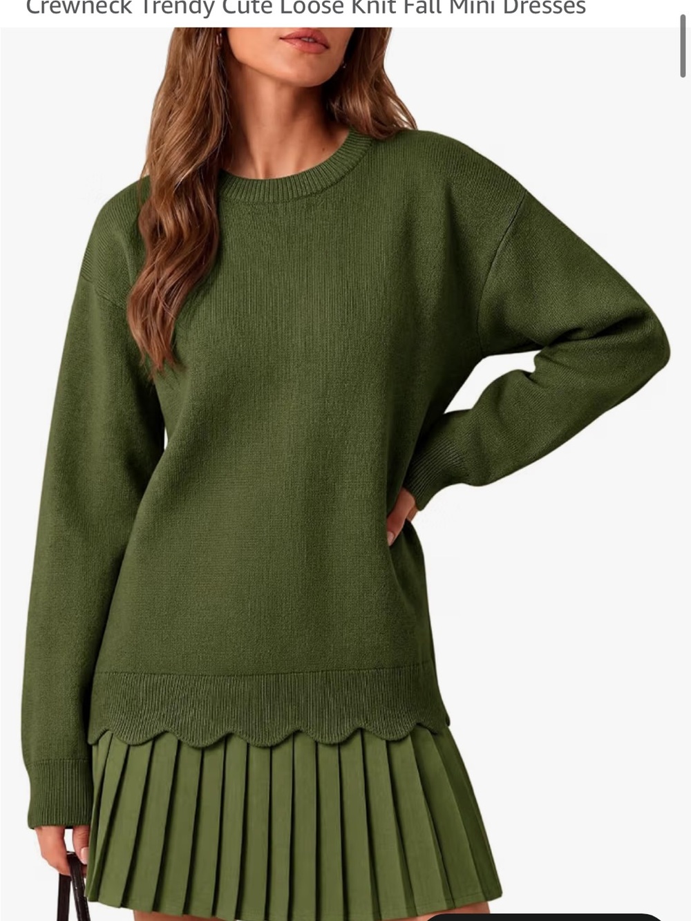 Womens Pleated Sweater Dress Long Sleeve Crewneck